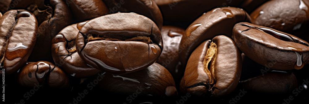 Rosted whole coffee beans close up view. Food banner for web use or desing layout. Generative AI Rosted whole coffee beans close up view. Food banner for web use or desing layout. Generative AI