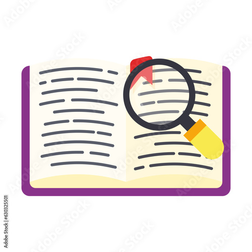 Open book with magnifying glass. searching or learning concept. flat icon on white background.