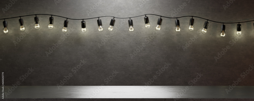 Concrete table for your design. Garland of light bulbs on a concrete background Empty space on a cement wall. place for your task or message. 3D rendering.