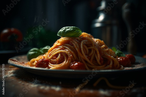Spaghetti with tomato sauce and fresh basil, close up view. Dark mood. Generative AI