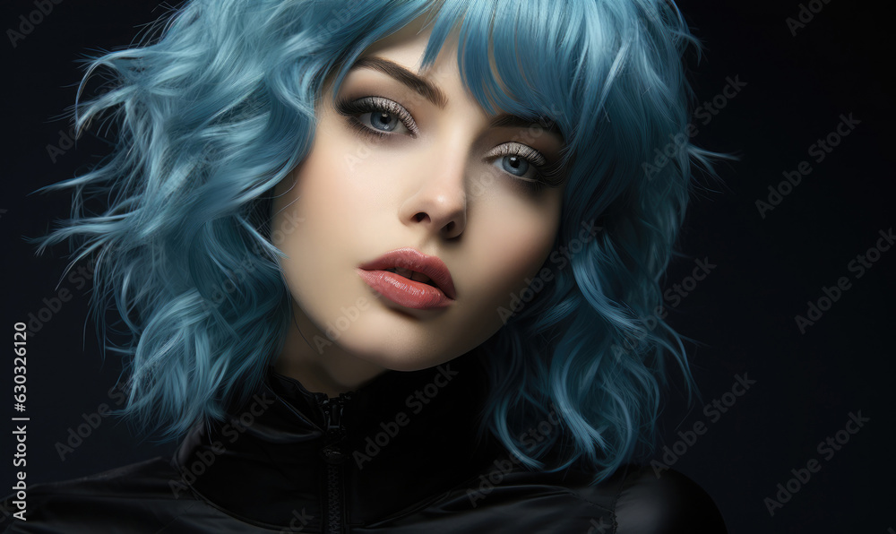 A woman with blue hair and black makeup A woman with blue hair and black makeup