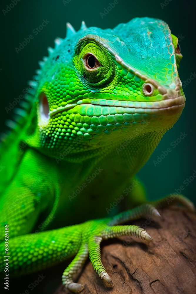 Close up of green lizard on tree branch with dark background.