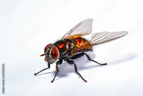Close up of fly on white surface with white background.