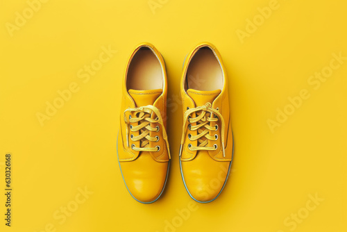 Pair of yellow shoes sitting on top of yellow floor next to each other.
