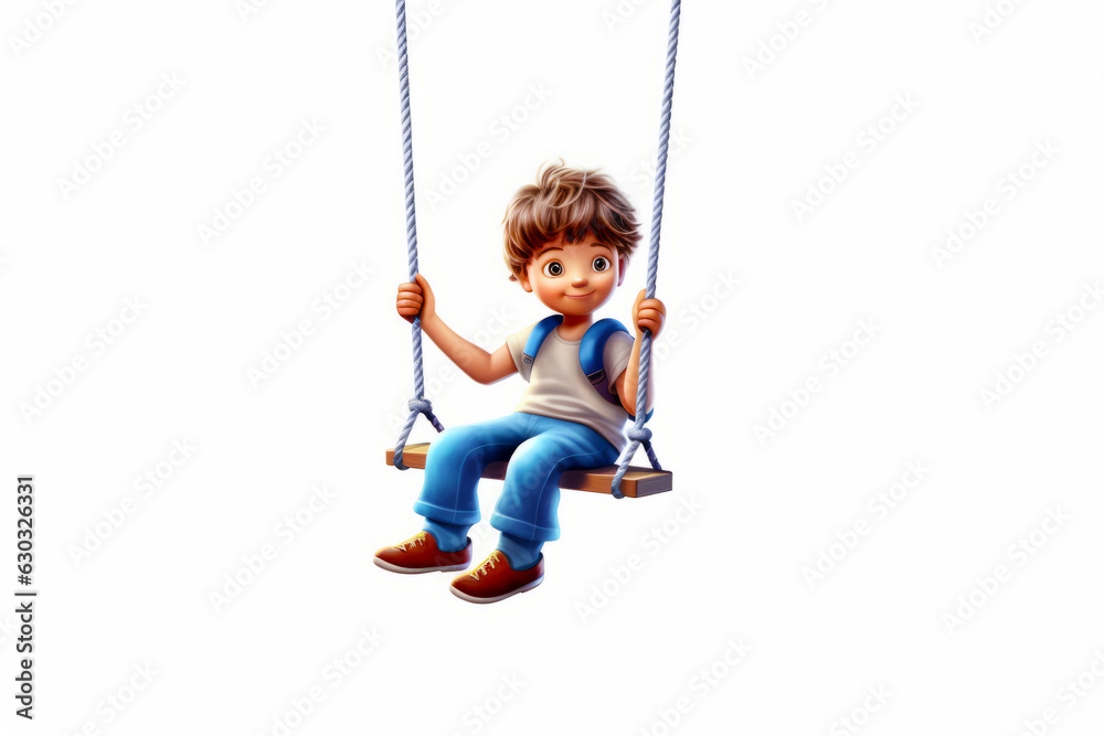 Little boy sitting on swing with blue backpack on his back.