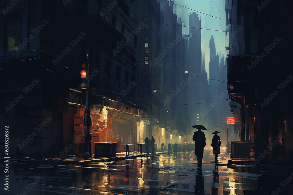 Digital painting of classic city at night time with light of lamps, Generative AI