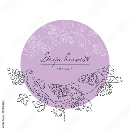 Grape. Continuous line drawing grapevine. Illustration of autumn harvest fruits. Frame.