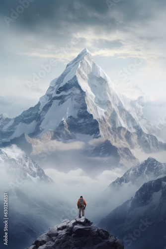 Man standing on top of mountain looking at snow covered mountain.