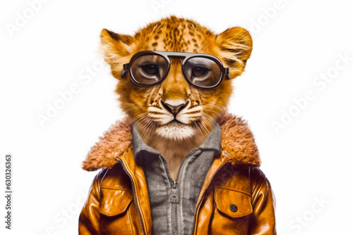 Cheetah wearing leather jacket and goggles with jacket on.