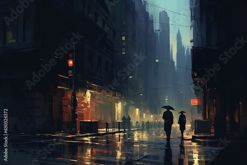 Digital painting of classic city at night time with light of lamps  Generative AI