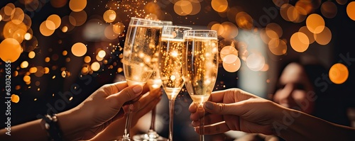 Платно Festive New Year's toast with wishes of happiness, people clinking glasses of tasty champagne at party