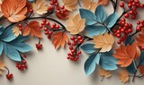 Autumn background with paper cut maple, oak leaves and berry . Layered effect, carving art