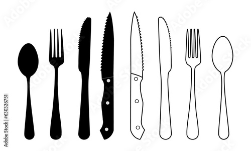 Spoon, forks, knife, and plate set icons, collection of Cutlery different shapes, restaurant business concept, vector illustration, Cutlery line icon.-3