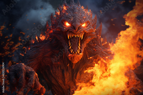 Fire monster coming out of a campfire