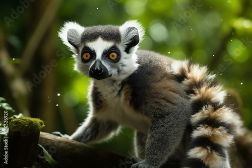 Cute ring-tailed lemurs with long tails play happily in the jungle. Generative AI.