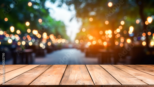 The vacant wooden tabletop with a blurred backdrop of a bustling street in the downtown business district, with people strolling by. Lively picture. Ai generation