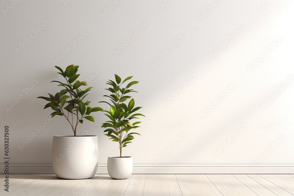 Beautiful two house plant in the pot on wooden floor set beside the wall with sunbeam and shadow on white empty wall. Background, mockup backdrop. Green houseplant decoration. Products overlay
