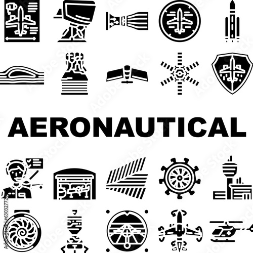 aeronautical engineer aviation icons set vector. airplane plane, aerospace jet, aeroplane airport, engine maintenance, control pilot aeronautical engineer aviation glyph pictogram Illustrations