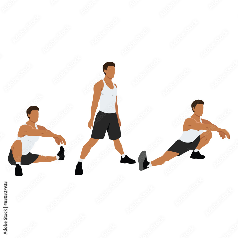 Man doing Cossack squat exercise. Flat vector illustration isolated on white background Man doing Cossack squat exercise. Flat vector illustration isolated on white background