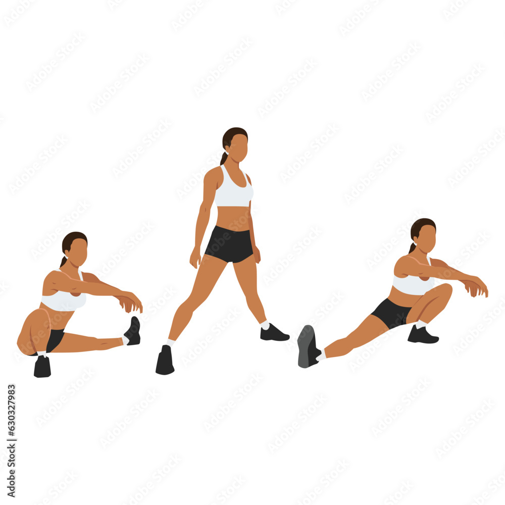 Woman doing Cossack squat exercise. Flat vector illustration isolated on white background Woman doing Cossack squat exercise. Flat vector illustration isolated on white background