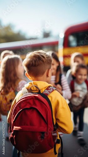 A school-aged girl walks toward a school bus. Back to school. Fictional person. Generated Ai
