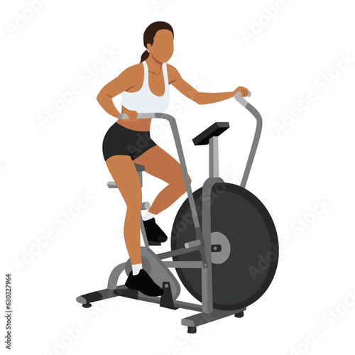 Woman doing air bike training or assault bike cardio exercise. Flat vector illustration isolated on white background