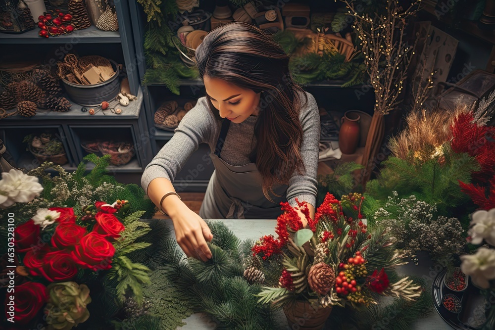 Woman make traditional Christmas wreath of natural evergreen branches and pine cones at her florist shop. Xmas holiday. 
