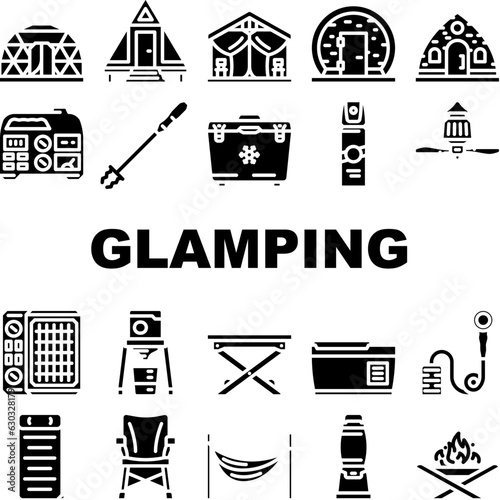 glamping tent nature luxury tipi icons set vector. forest africa, barbecue glamour, camp, campfire bubble, chair beach, vacation glamping tent nature luxury tipi glyph pictogram Illustrations