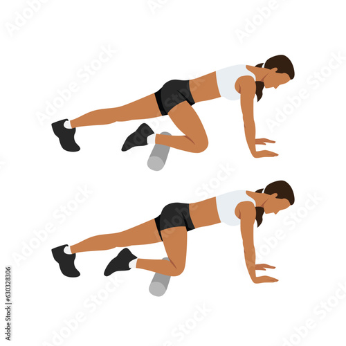 Woman doing foam roller anterior tibialis or shin stretch. Flat vector illustration isolated on white background