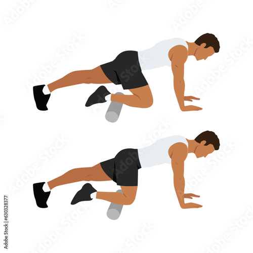 Man doing foam roller anterior tibialis or shin stretch. Flat vector illustration isolated on white background photo