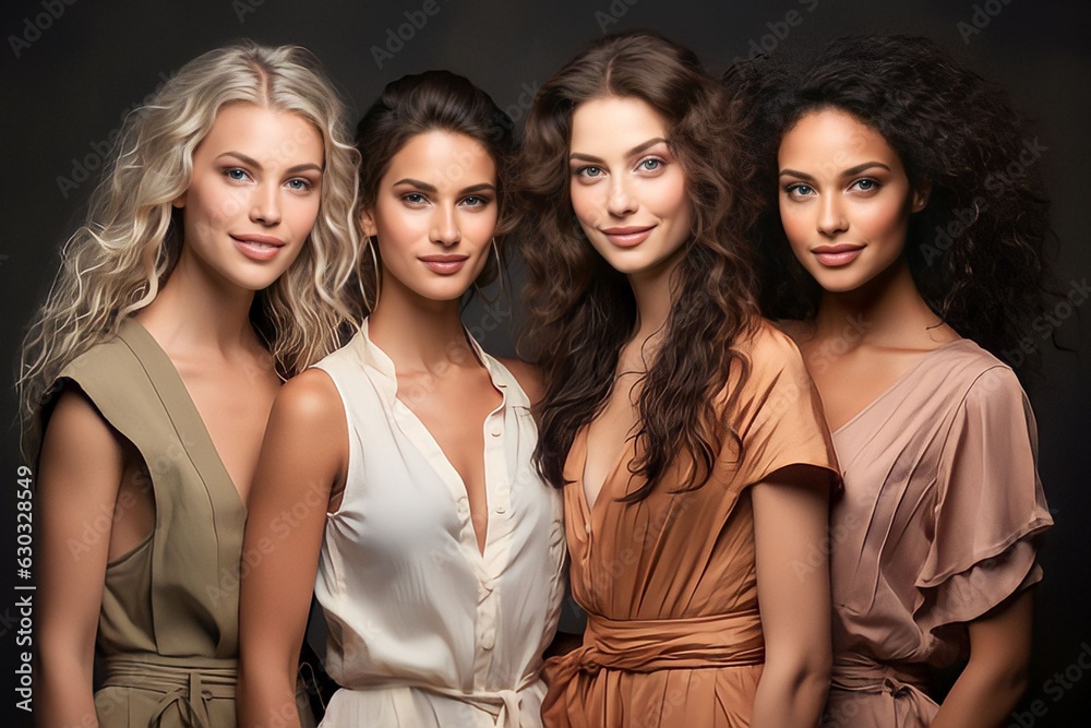 Portrait diversity beauty women with skincare smile and happy models, different and empowerment with motivation against studio background Portrait diversity beauty women with skincare smile and happy models, different and empowerment with motivation against studio background
