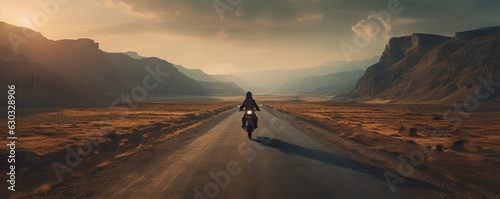 Driver riding motocycle on empty road in sunset light.  Panorama photo.