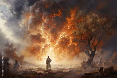 the burning bush as Moses encounters God's presence and receives his divine mission Generative AI