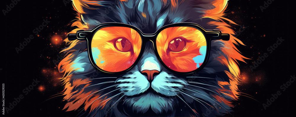 Funny vivid colored cat face in sun glasses, cartoon picture.