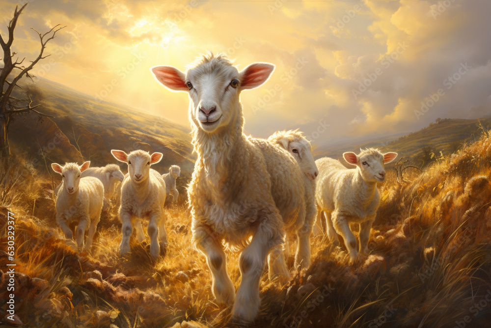 lambs faithfully following Jesus, signifying the guidance and leadership He provides to His followers Generative AI lambs faithfully following Jesus, signifying the guidance and leadership He provides to His followers Generative AI