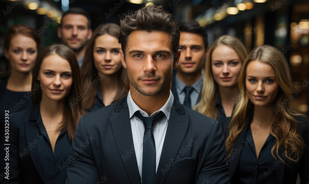 Confident business team posing with it's leader at a corporate office Confident business team posing with it's leader at a corporate office