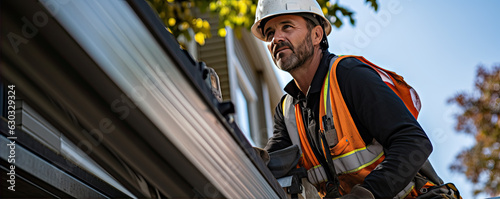 Smiling worker on roof construction on ledder with work uniform an hard hat. photo