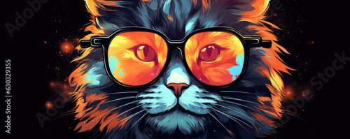 Funny vivid colored cat face in sun glasses, cartoon picture.
