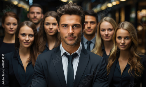 Confident business team posing with it's leader at a corporate office