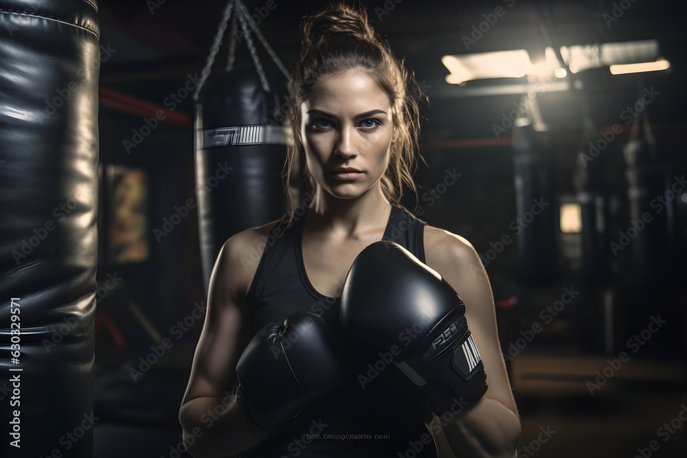 Bringing the Power: Determined woman rigorously training with a punching bag in a specialized Krav Maga gym, developing strength and technique