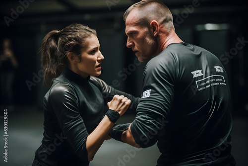 Empowerment in Action: Two individuals mastering a self-defense technique in a vigorous Krav Maga class, demonstrating effective real-world protection skills photo
