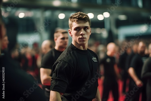 Facing the Challenge: A focused young man participating in a Krav Maga competition, displaying determination and skilled technique under pressure