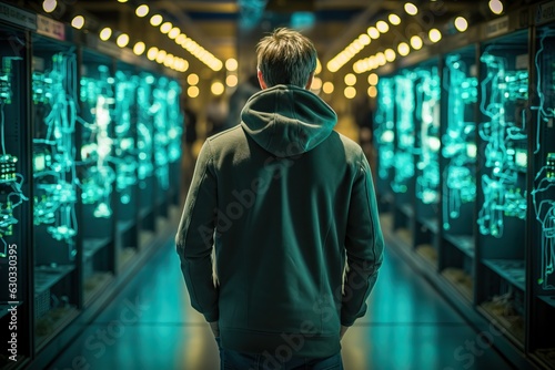 hacker in a server room, ge...