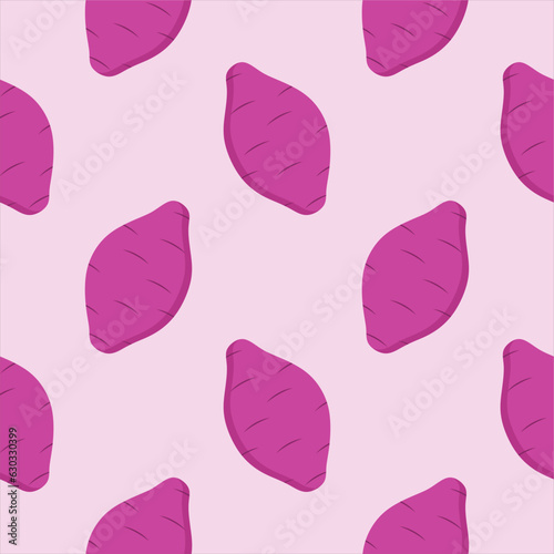 Purple sweet potato seamless pattern vector illustration, flat design for use as wallpaper, wrapping paper, background or backdrop. Tasty vegan . Organic product. Culinary ingredient.