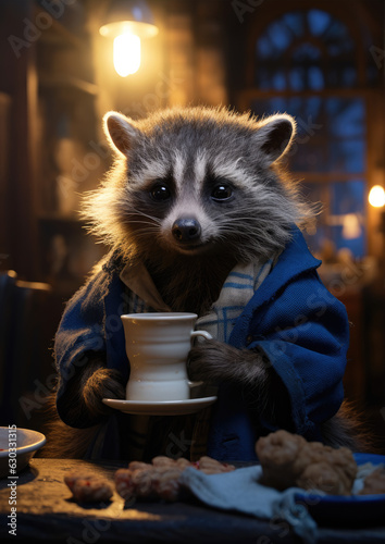 Cute raccon in blue coat drinking coffee.