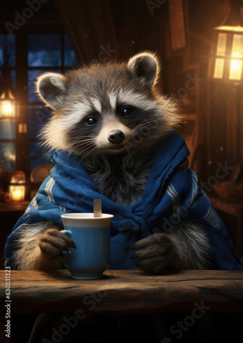 Cute raccon in blue coat drinking coffee. © Michal