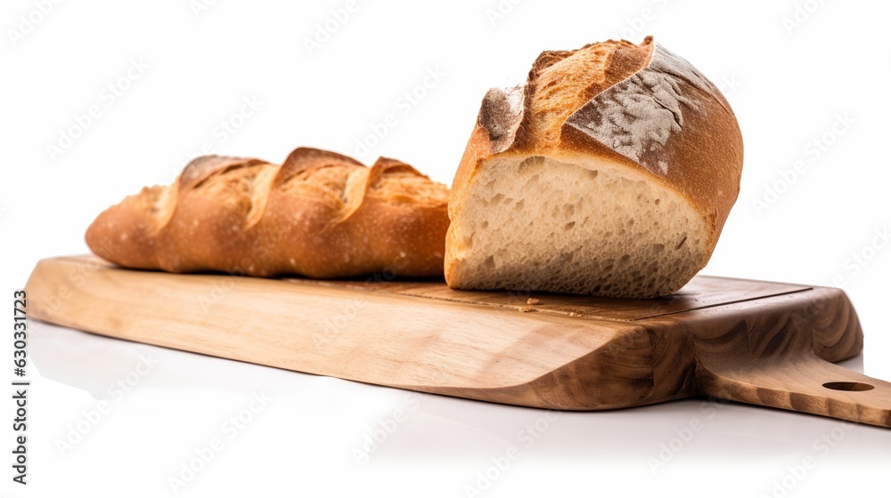 Freshly Baked Bread on Wooden Board Stock Illustration. Traditional Artisanal Bakery Concept. Delicious Homemade Bread. Crusty Loaf on White Background. Culinary Still Life. Wholesome Taste