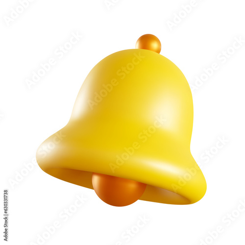 Realistic notification bell in 3D style. Yellow ringing bell isolated on white background.