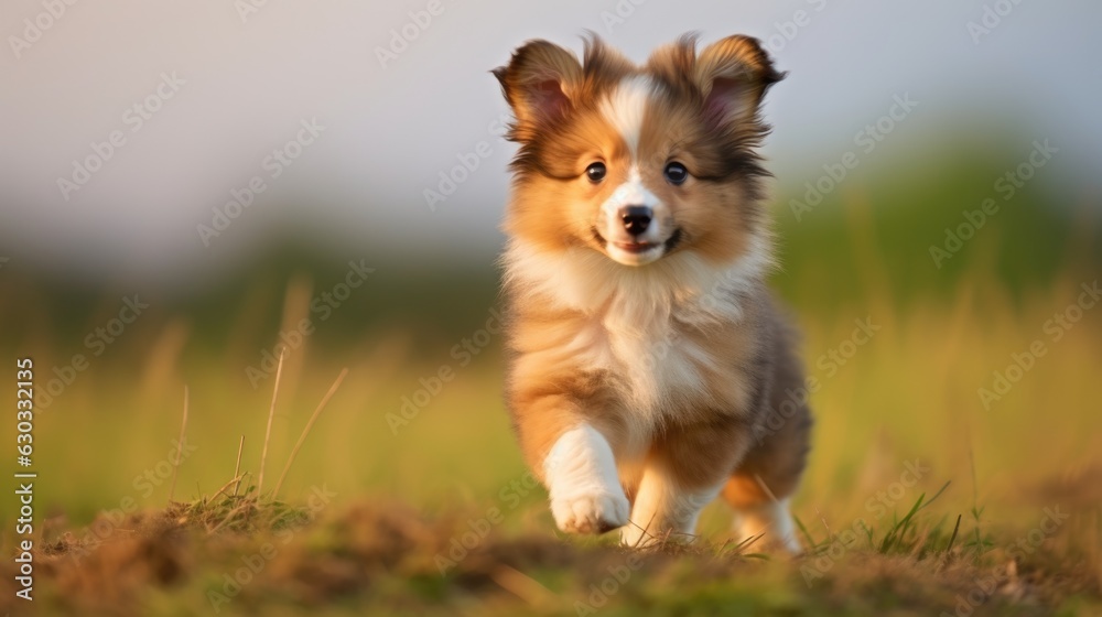 Shetland sheepdog puppy on green grass field. AI photography.