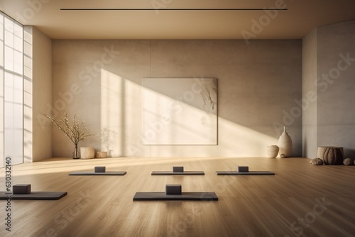 Minimalist modern yoga studio classroom showcasing tidy neatly arranged mats on the pristine floor as sunlight streams through the windows